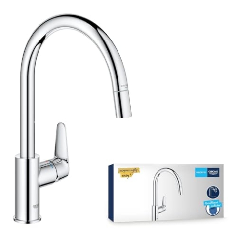 GROHE StartCurve - Einhand- Spültischarmatur (hoher Auslauf, herausziehbare Mousseurbrause, Schwenkbereich 360°, langlebig), chrom, 305620000