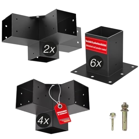 SOTECH Aufbau SET 12-tlg (4x Eckverbinder + 2x Mittelverbinder + 6x Bodenhülse) vierkant 100 x 100 mm Stahl verzinkt und schwarz pulverbeschichtet für höchsten Korrosionsschutz