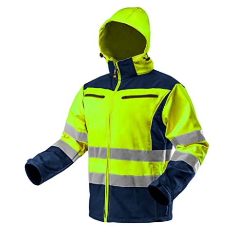 NEO TOOLS Softshell Warnjacke mit Reflektionsstreifen orange Neon gelb Arbeitsjacke Warnschutz Sicherheitshose XXL Neongelb