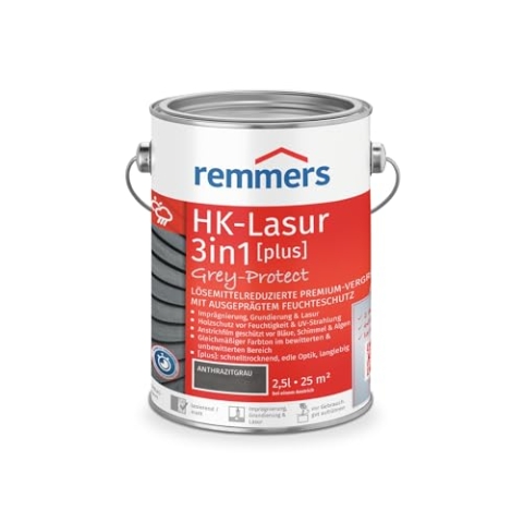 Remmers HK-Lasur 3in1 Grey Protect [plus] anthrazitgrau, matt, 2,5 Liter, Lösemittelreduzierte Premium-Vergrauungslasur für außen, 3in1, schnelltrocknend, langlebig
