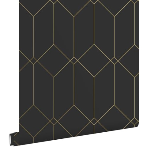 ESTAhome Tapete Art Decó Muster Schwarz und Gold 0.53 x 10.05 m