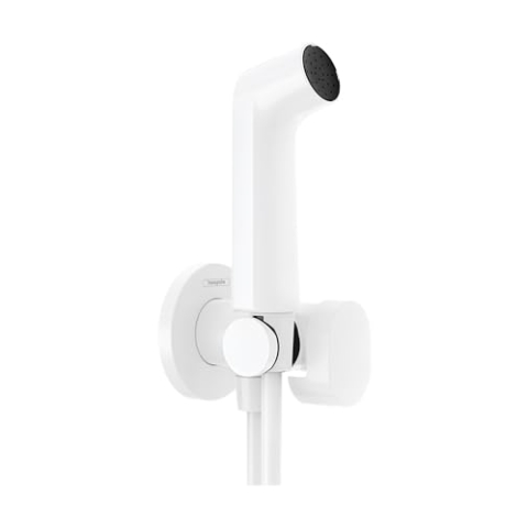 hansgrohe Bidette Handbrause S mit 1 wassersparenden Strahlart (EcoSmart), inkl. Absperrventil, Brausehalter und Brauseschlauch 1,25 m, für Kaltwasser, Mattweiß, 29230700
