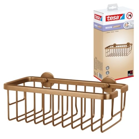 tesa MOON BRONZE selbstklebende Duschablage in gebürsteter Bronze - einstöckig und extra tief - Duschregal aus PVD-beschichtetem Metall - ohne Bohren, mit Klebelösung - 250mm x 92mm x 125mm