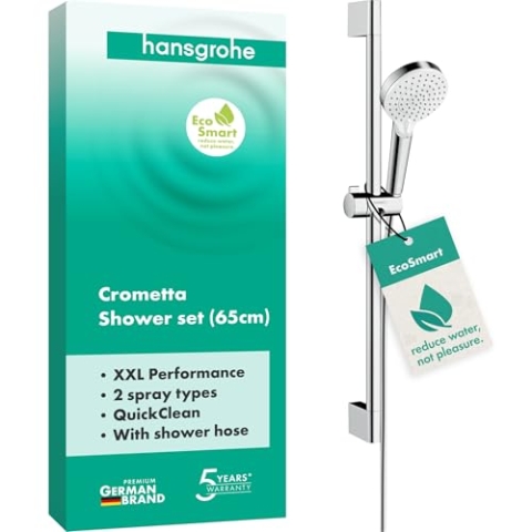 hansgrohe Crometta - wassersparendes Duschset mit Brausestange (65 cm), Duschkopf (2 Strahlarten), Duschkopfhalterung und Brauseschlauch (160cm), Weiß/Chrom