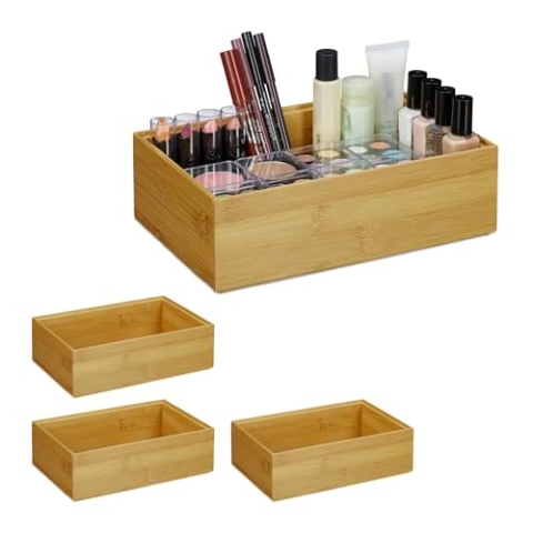 Relaxdays 4 x Ordnungsbox Bambus, stapelbar, natürliche Optik, Aufbewahrungsbox Küche, Bad, Dekobox HxBxT: 7 x 23 x 15 cm, natur