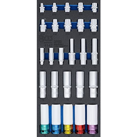 BGS 4147 | Werkstattwageneinlage 1/3: Steckschlüssel-Einsätze | Sechskant, tief 11 - 22 mm | E-Profil E10 - E22 | 6,3 mm (1/4"), 10 mm (3/8"), 12,5 mm (1/2") | 26-tlg.