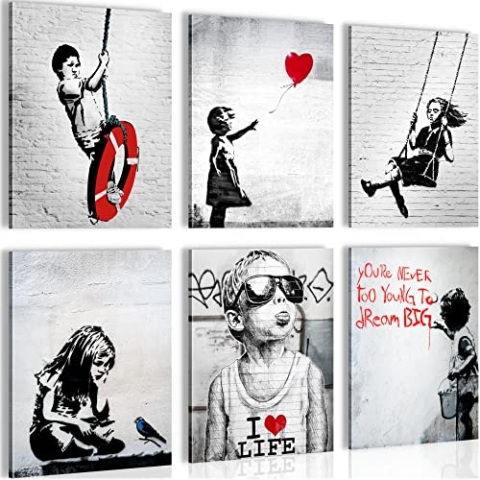 Novart Wandbilder - KEIN EXTRA RAHMEN BENÖTIGT - Wohnzimmer Büro Loft - Bilder Modern Banksy Collage - Street Art Grau - N003165a