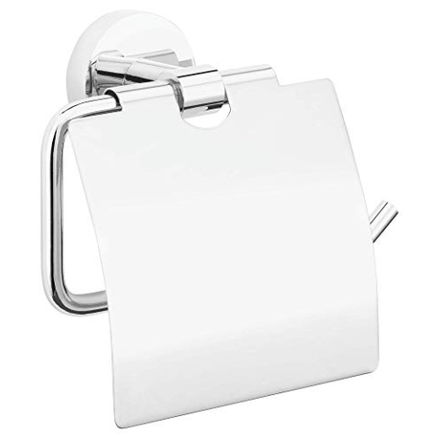 tesa EXXCELLENT Toilettenpapierhalter mit Deckel, verchromt - zur Wandbefestigung ohne Bohren, inkl. Klebelösung - 138mm x 140mm x 52mm