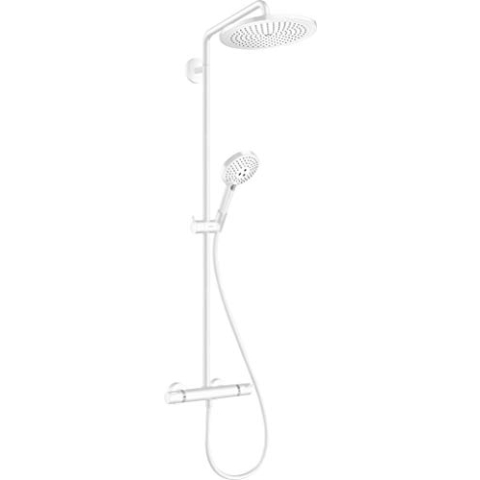 hansgrohe wassersparendes Duschsystem Croma Select S Showerpipe 280 Regendusche (Duschkopf, Duschstange, Thermostat, Schlauch, 3 Strahlarten) Mattweiß