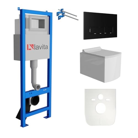 Lavita LAV 101 Vorwandelement für WC 40cm + Wand Hänge Tiefspül WC FAGO Weiß Spülrandlos + Bedienplatte LAV 200.3.4 Schwarz | Komplettset | Unterputz Spülkasten | Toilette Komplett Sett
