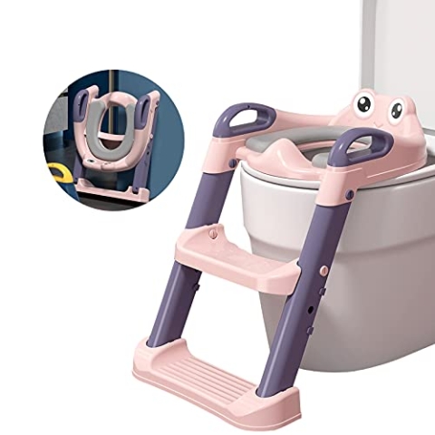 Balakaka Toilettensitz Kinder mit Treppe,Faltbar Töpfchentrainer für 1-7 jährige Kids, Höhenverstellbar, Rutschfest, Stabil,für Kinder Toiletten Training mit Leiter/Treppe, Kinder Toilettensitze(Rosa)