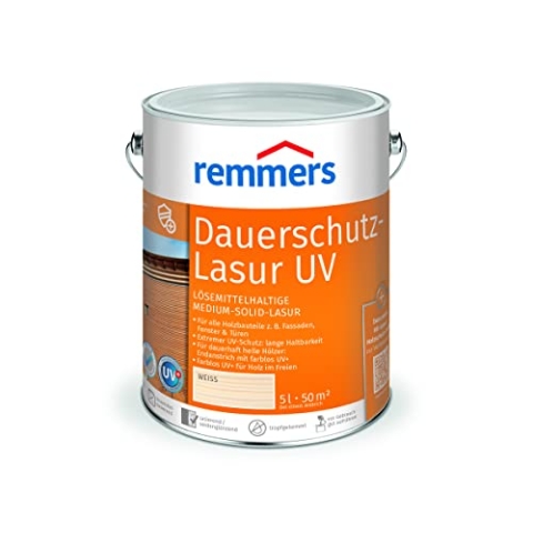 Remmers Dauerschutz-Lasur UV weiß, 5 Liter, Dekorative Medium-Solid-Lasur für Außen, auch für helle Farbtöne und farblos UV+, wetterbeständig