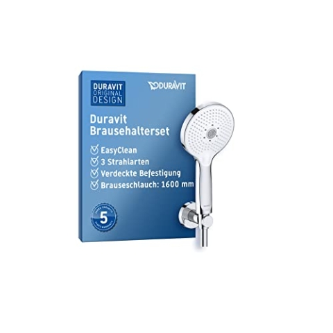 Duravit Universal Brausehalterset, wassersparende Handbrause rund ((Ø 120 mm), Brausehalterung, flexibler Brauseschlauch, Chrom