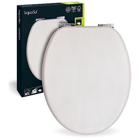 aquaSu® Holz WC-Sitz mit Absenkautomatik Venezia Weiß gekalkt, Schnellbefestigung, Metallscharnier, robuster Holzkern Toilettendeckel, ovaler O Form WC-Deckel, Holzfurnier Weiß gekalkt, 40308 5
