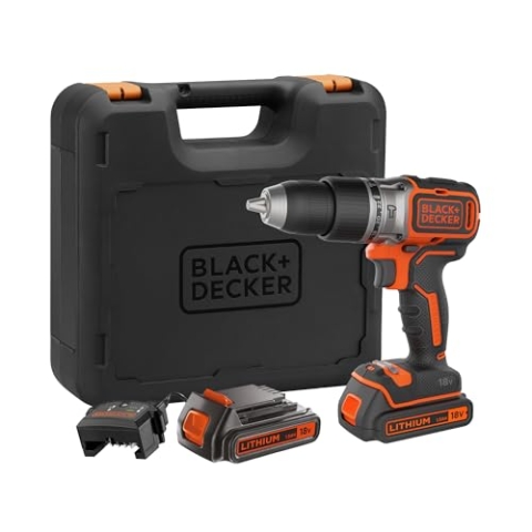 BLACK+DECKER Akku-Bohrhammer mit 18 V und bürstenlosem 2-Gang-Antrieb, 28.000 1/min, 52 Nm Drehmoment, mit 2 x 1,5-Ah-Akkus, Ladegerät und Kitbox, BL188KB-QW