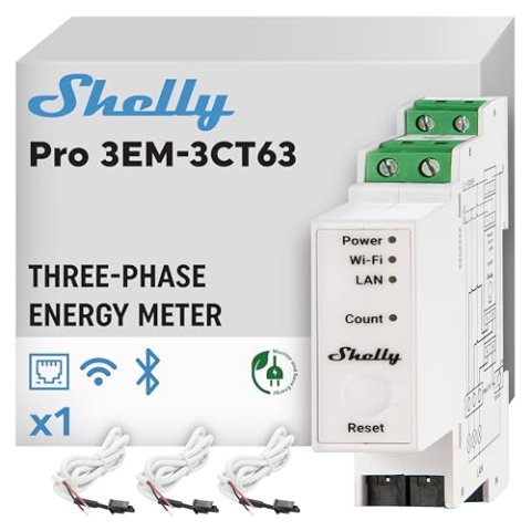 Shelly Pro 3EM - 3CT63, WLAN und LAN 3-Phasen-Energiezähler, 63А, Echtzeit-Energieüberwachung, kein Hub Erforderlich, Solar-/Grid-Metering, kein Integriertes Relais, Photovoltaik-kompatibel