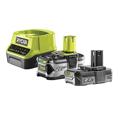 RYOBI 18 V ONE+ Akku-Starter-Set RC18120-242 (1x 2,0 Ah & 1x 4,0 Ah Akku, Schnellladegerät mit 2,0A Ladestrom, Lithium+ Akkutechnologie für mehr Laufzeit, Leistung und Lebensdauer, IntelliCell™)