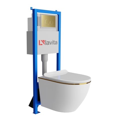 Lavita LAV 101 Vorwandelement für WC 40cm + Wand Hänge Tiefspül WC SOFI SLIM GOLD LINE Spülrandlos + Bedienplatte LAV 200.4.5 Gold | Komplettset | Unterputz Spülkasten | Toilette Komplett Sett