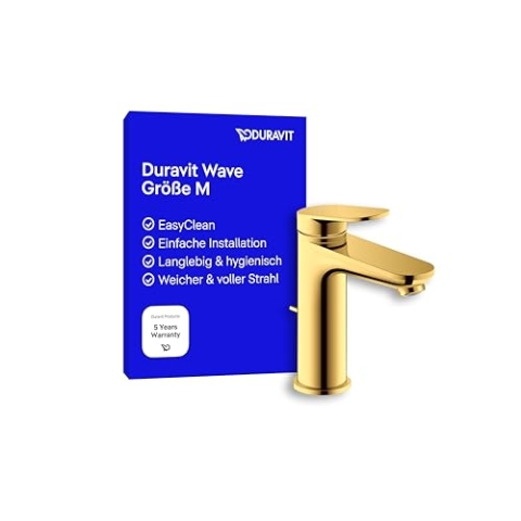 Duravit Wave Waschtischarmatur, Größe M (Auslauf Höhe 111 mm), Wasserhahn Bad mit Zugstangen-Ablaufgarnitur, Armatur Waschbecken, Gold Poliert