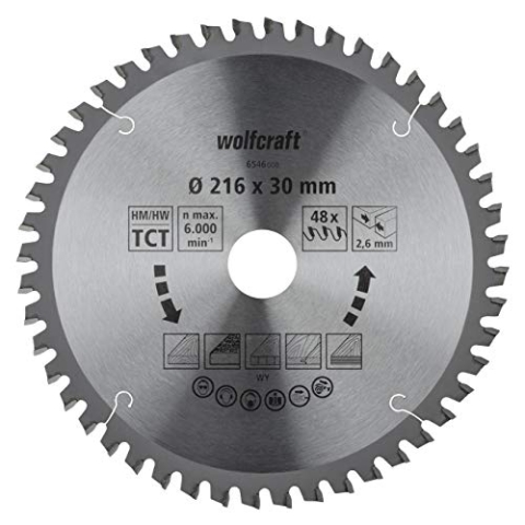 wolfcraft Kapp- und Gehrungssägeblatt ø 216 mm - 6546000 - hohe Zähnezahl für feine, saubere Schnitte - für Vollhölzer, Spanplatten, Sperrholz, ausrissfreie Schnittkanten - diamantgeschliffen