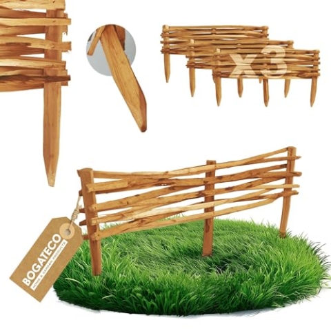 BOGATECO 3x Gartenzaun aus Haselholz 90cm x 20cm Beeteinfassung Rasenkanten Zaun Holz Beetumrandungen Staketenzaun Beetabgrenzungen Steckzaun Perfekt als Beet-Umrandung oder Weg-Abgrenzung, Braun
