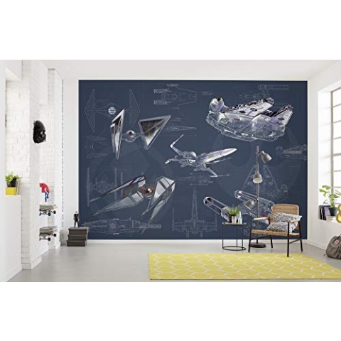 Komar Star Wars Blueprint Dark | Größe: 400 x 280 cm (Breite x Höhe), Bahnbreite 50 cm | Tapete, Wandbild, Dekoration, Wandbelag, Kinderzimmer, | DX8-077 Vlies Fototapete, blau, grau