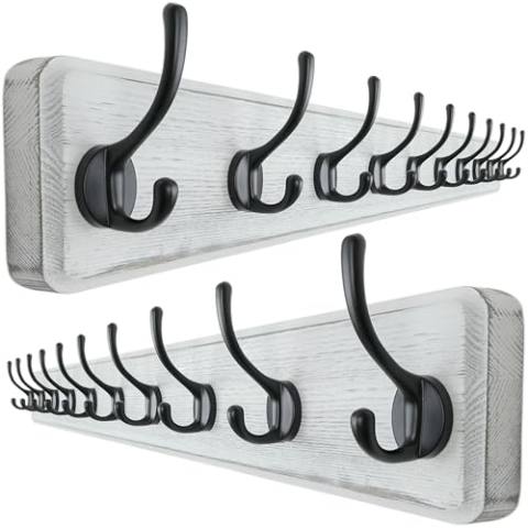 Dseap Garderobe, 97cm Lang Robust Hakenleiste Garderobenleiste Holz mit 10 Haken, Garderobenhaken Wand, Kleiderhaken für Mantel Kleidung Hut Jacken Schals,Weiß,2 Stück