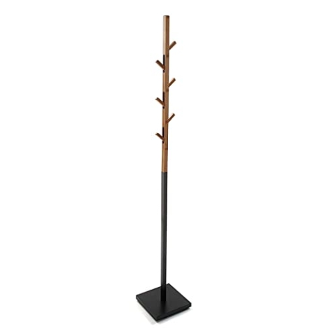 Versa Berlin Minimalistischer Garderobenständer, mit 6 Haken oder Kleiderbügeln für Kleidung oder Taschen für den Hausflur, Maßnahmen (H x L x B) 176 x 25 x 25 cm, Metall, Farbe: Schwarz und Braun