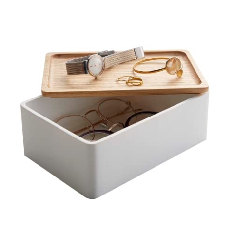 Yamazaki 5167 RIN Aufbewahrungsbox für Accessoires, weiß, Polystone/Holz, minimalistisch, 18.5 x 12.5 x 7 cm
