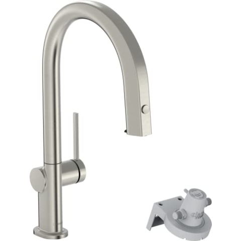 hansgrohe Küchenarmatur Aqittura M91 mit Wasserfilter, 3 Wege Wasserhahn Küche mit Auslauf Höhe 210 mm, 150° drehbar, ausziehbar, 1 Strahlart, Edelstahl Finish