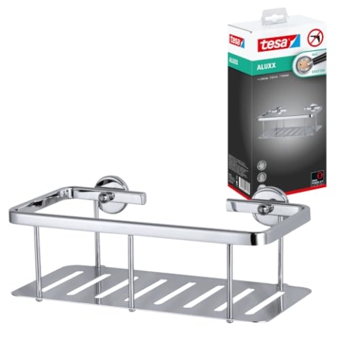 tesa ALUXX Duschablage, Aluminium, verchromt, garantiert rostfrei, inkl. Klebelösung, tiefer Boden, 125 mm x 251 mm x 88 mm