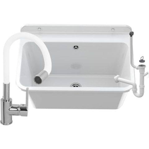Granitan Ausgussbecken für Garage Keller Werkstatt - Universal Waschtrog mit Siphon - Waschbecken mit Abtropfschale Wandmontage aus Polypropylen - 61x41x30 cm (Weiß + FLEX Waschtischbatterie)