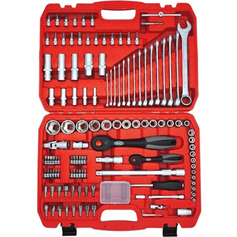 FAMEX 568-44 Steckschlüsselsatz 125-tlg. - Ratschensatz Werkzeug Set, Ratschenkasten, Nusskasten - Nüsse mit Wellenprofil - 12,5 mm (1/2") und 6.3 mm (1/4") - Bit-Einsätze