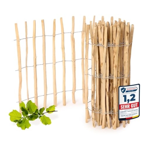 Garronda Gartenzaun zum Stecken aus Haselnüsse Zaun Garten Staketenzaun Beeteinfassung Holz Steckzaun Hochwertiger Gartenzaun für Ihren Garten GD-0079 (Lattenabstand: 7-8 cm, 90 cm x 500 cm)
