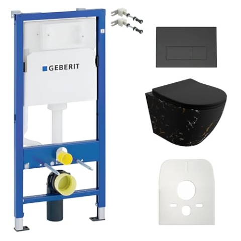 Lavita Duofix Basic Vorwandelement + Wand Tiefspül WC Sofi Slim Fire Spülrandlos + WC Sitz + Bedienplatte Delta 25 Schwarzer Knopf Komplettset Unterputz Spülkasten Toilette Komplett Sett WC