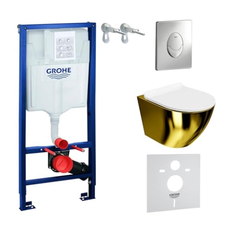 Lavita Vorwandelement Solido Start + Wand Hänge WC Sofi Slim Gold/Weiß Spülrandlos + WC Sitz mit Absenkautomatik Verchromter Knopf Komplettset Unterputz Spülkasten Toilette Komplett Sett WC