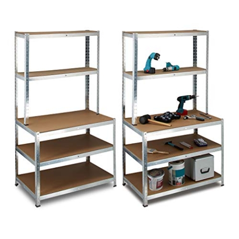 2 x Schwerlastregal mit Werkbank, 900 kg, 5 Böden, Freistehend, Metall, MDF, Steckregal, HxBxT: 180 x 100 x 60 cm, grau