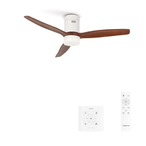 CREATE / WINDCALM/Deckenventilator mit Beleuchtung Weiß Dunkelholzflügel mit Fernbedienung und Wandschalter / 40W, Leise, Ø132cm, ABS, 6 Geschwindigkeiten, Timer, DC-Motor, Sommer-Winterbetrieb