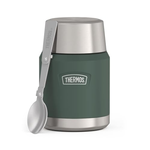 Thermos ICON Food Jar 0,47 l, grün matt/forest, Speisegefäß für Essen 470 ml, doppelwandigem 18/8 Edelstahl, hält warm und kalt, mit klappbarem Löffel, rutschfester Boden, absolut dicht