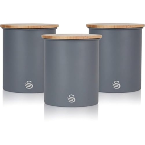 Swan Nordic 3er-Set Küchenvorratsdosen aus Robustem Karbonstahl, Bambusdeckel, für Tee, Kaffee und Zucker, Modernes Design, Grau, Einheitsgröße