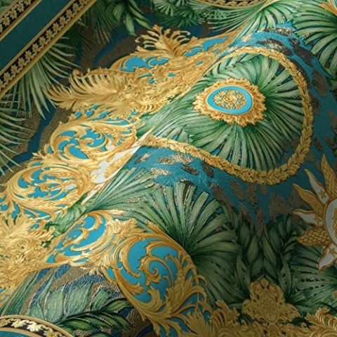 VERSACE WALLPAPER Designer Dschungel Tapete Luxus 387032 Blau Gold Grün Palmen Logo Medusa 10,05x0,70m Made in Germany