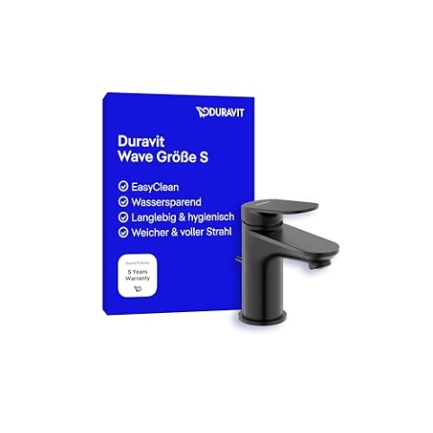 Duravit Wave Waschtischarmatur, Größe S (Auslauf Höhe 77 mm), Wasserhahn Bad mit Zugstangen-Ablaufgarnitur, Armatur Waschbecken, Schwarz Matt