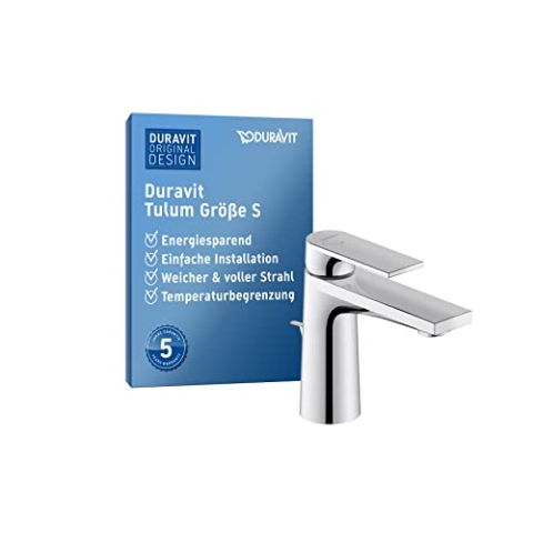 Duravit Tulum Waschtischarmatur, Größe S (Auslauf Höhe 97 mm), Wasserhahn Bad mit Zugstangen-Ablaufgarnitur, Waschbecken Armatur mit energiesparender FreshStart-Funktion, Chrom