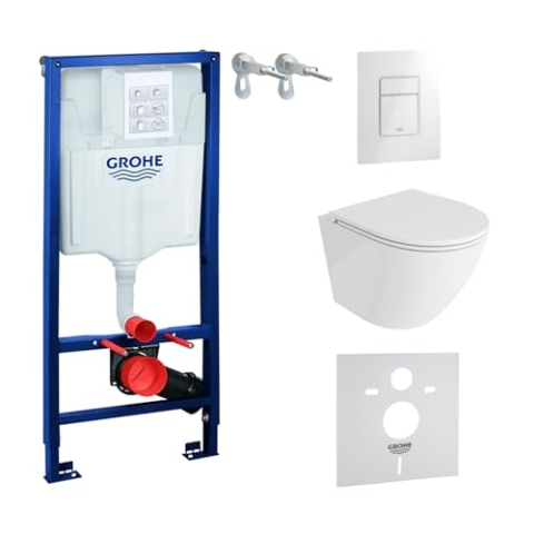 Lavita Vorwandelement Solido + Wand Hänge WC Sofi One Weiß Spülrandlos + WC Sitz mit Absenkautomatik Glänzend Weiß Knopf Komplettset Unterputz Spülkasten Toilette Komplett Sett WC