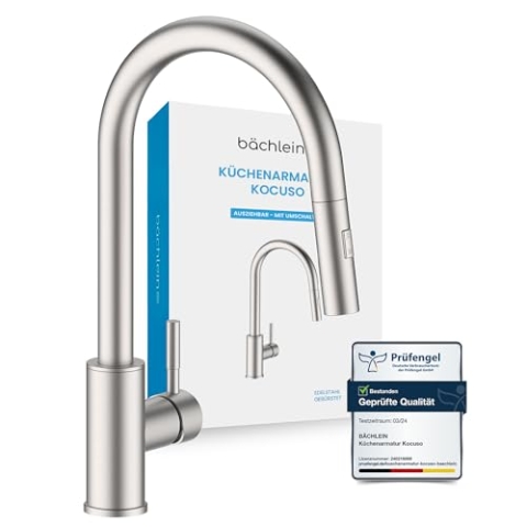 Bächlein Küchenarmatur Kocuso – 360 Grad schwenkbar (gebürsteter Edelstahl) – Einhand-Spültischbatterie mit ausziehbarem Schlauch und Brause mit Umschalt-Taste, Wasserhahn für die Küche