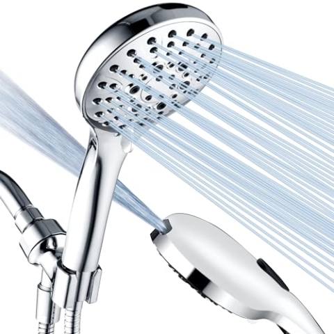BRIGHT SHOWERS Hochdruck-Duschkopf mit Handheld, 9 Sprüheinstellungen, Duschkopf, eingebauter Power-Waschgang zur Reinigung von Wannen und Haustieren, extra langer 175,3 cm Schlauch, verstellbare
