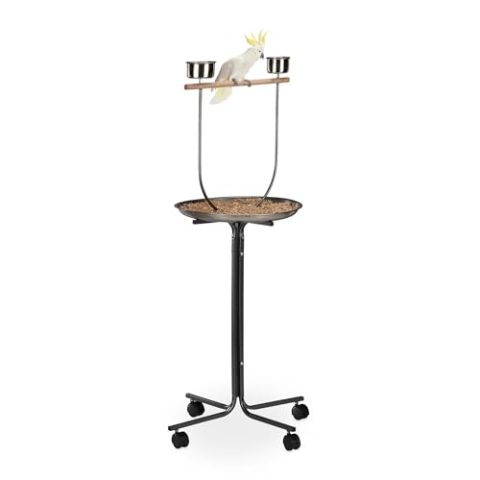 Relaxdays Freisitz für Papageien, Anflugstange, 2 Futternäpfe, rollbar, Nymphensittich, HBT: 130 x 60 x 60 cm, Silber