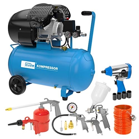 Güde Kompressor-Set 405/10/50 15TLG (ölgeschmiert, 10 bar, 2200 W, 50 l Kessel, eff. Liefermenge 250 l/min, 2x Manometer, 2x Druckluftkupplungen, Sicherheitsventil & Ablassschraube, inkl. Zubehör-Set)