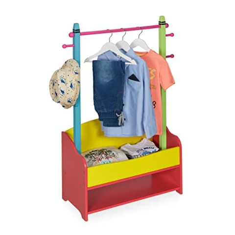 Relaxdays Kinder Kleiderständer, Kleiderstange Kinderzimmer, 4 Haken, 2 Ablagen, HBT: 100,5x71x30 cm, Garderobe, bunt