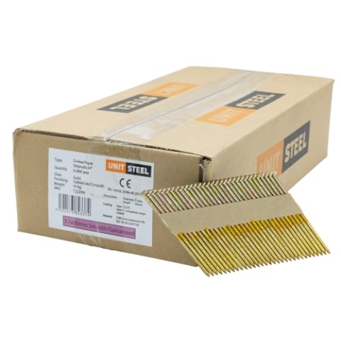 UnitSteel Halbkopf-Streifennägel - 3,1X90mm, 3.000 stück, Nägel für Druckluft-Nagler, D-Kopf, Glatt/Verzinkt, für fast alle Marken von Tackern